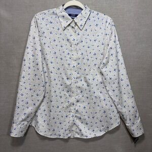 Chaps‎ Womens Floral Button Shirt L Cream Blue Stripe Contrast Classic Feminine